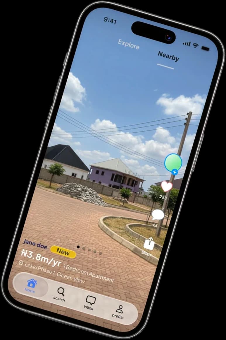 The Estara app's Nearby video feed showing a one-bedroom apartment in Lekki Phase 1